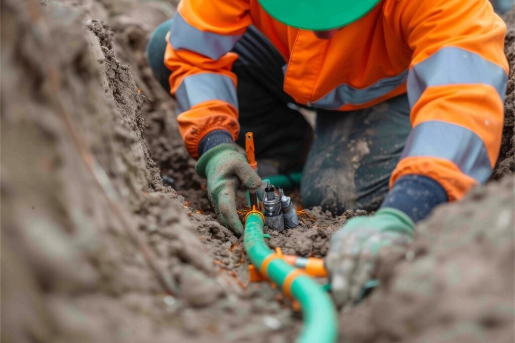 Person repairing outdoor pipes damaged by wildlife
