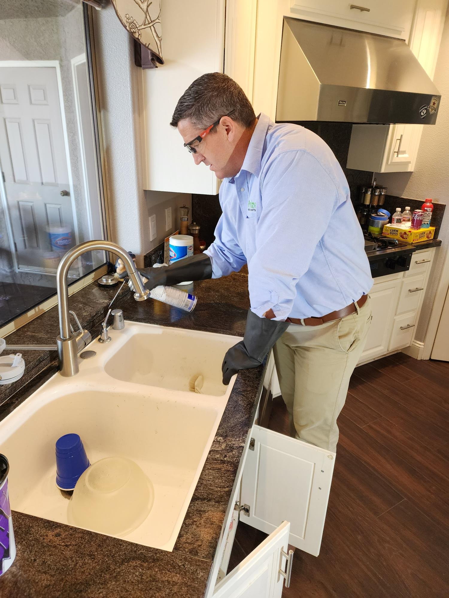 Person applying pest control treatment in kitchen sink